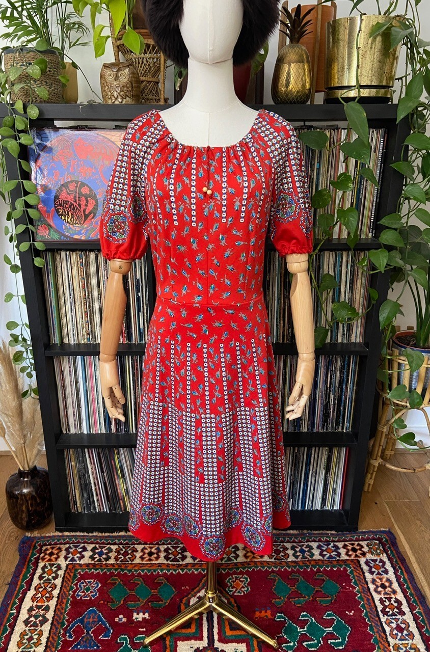 Vintage 1970s Red Patterned Folk Dress