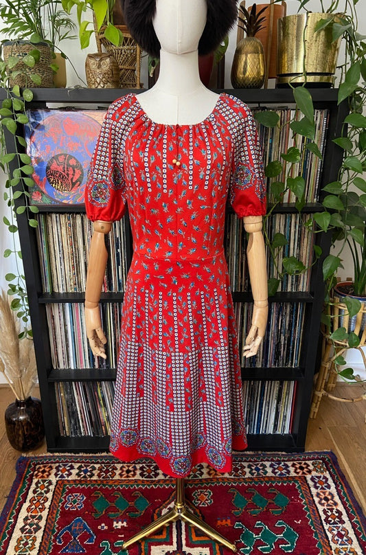 Vintage 1970s Red Patterned Folk Dress