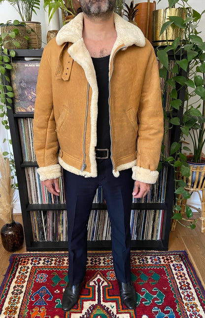 Vintage Tan Sheepskin Bomber Jacket