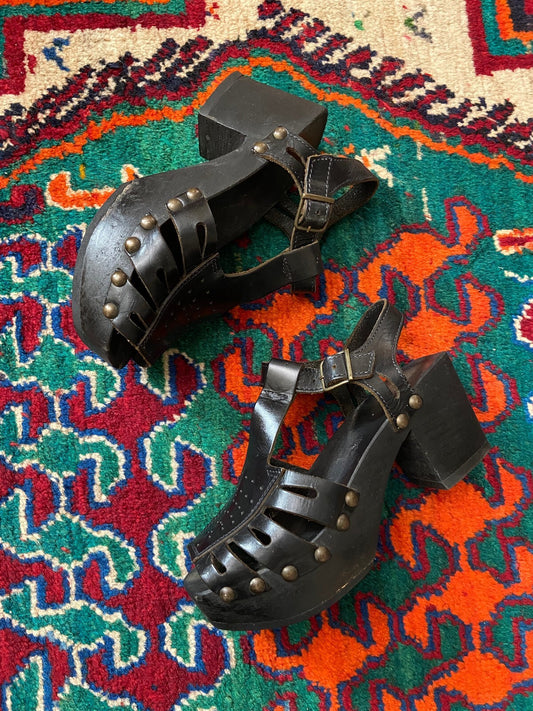 Vintage 1970s Black Studded Clog Sandals UK 3 - 3.5