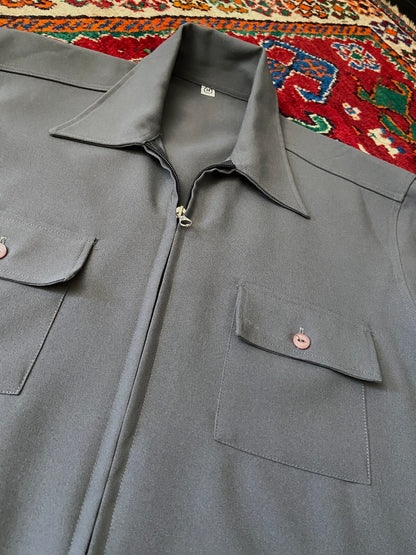 Vintage 1970s Grey Zip-Up Dagger Collar Shirt