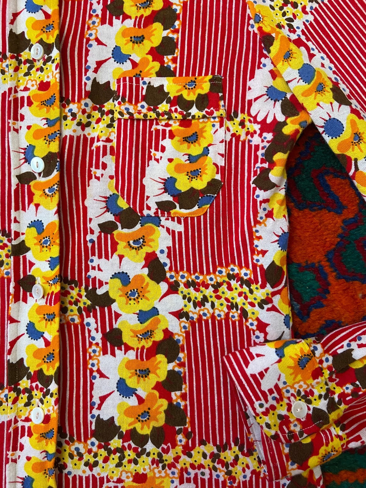 Vintage 1970s Red Striped & Yellow Floral Shirt