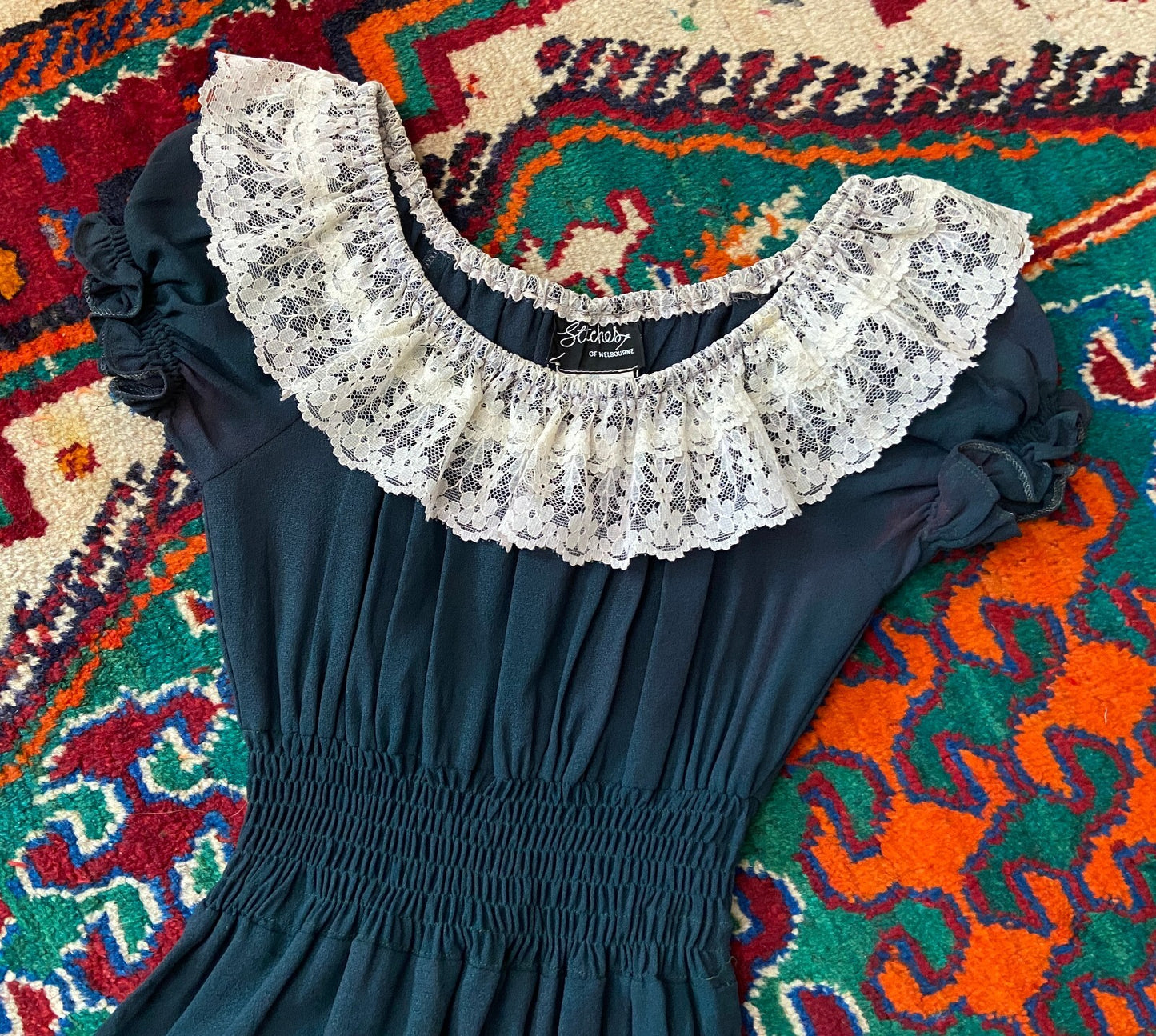 Vintage 1970s Dark Green Lace Trim Prairie Dress