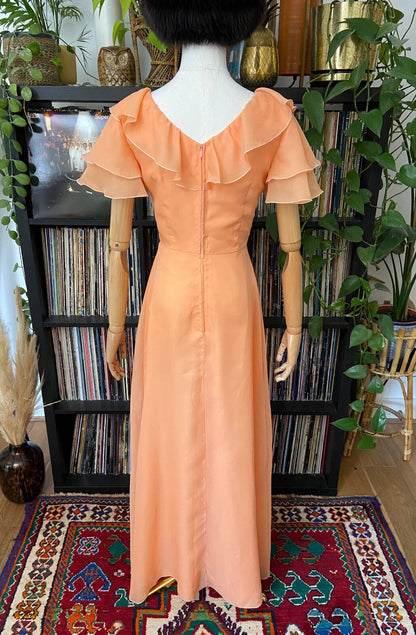 Vintage 1970s Peach V-Neck Maxi Dress