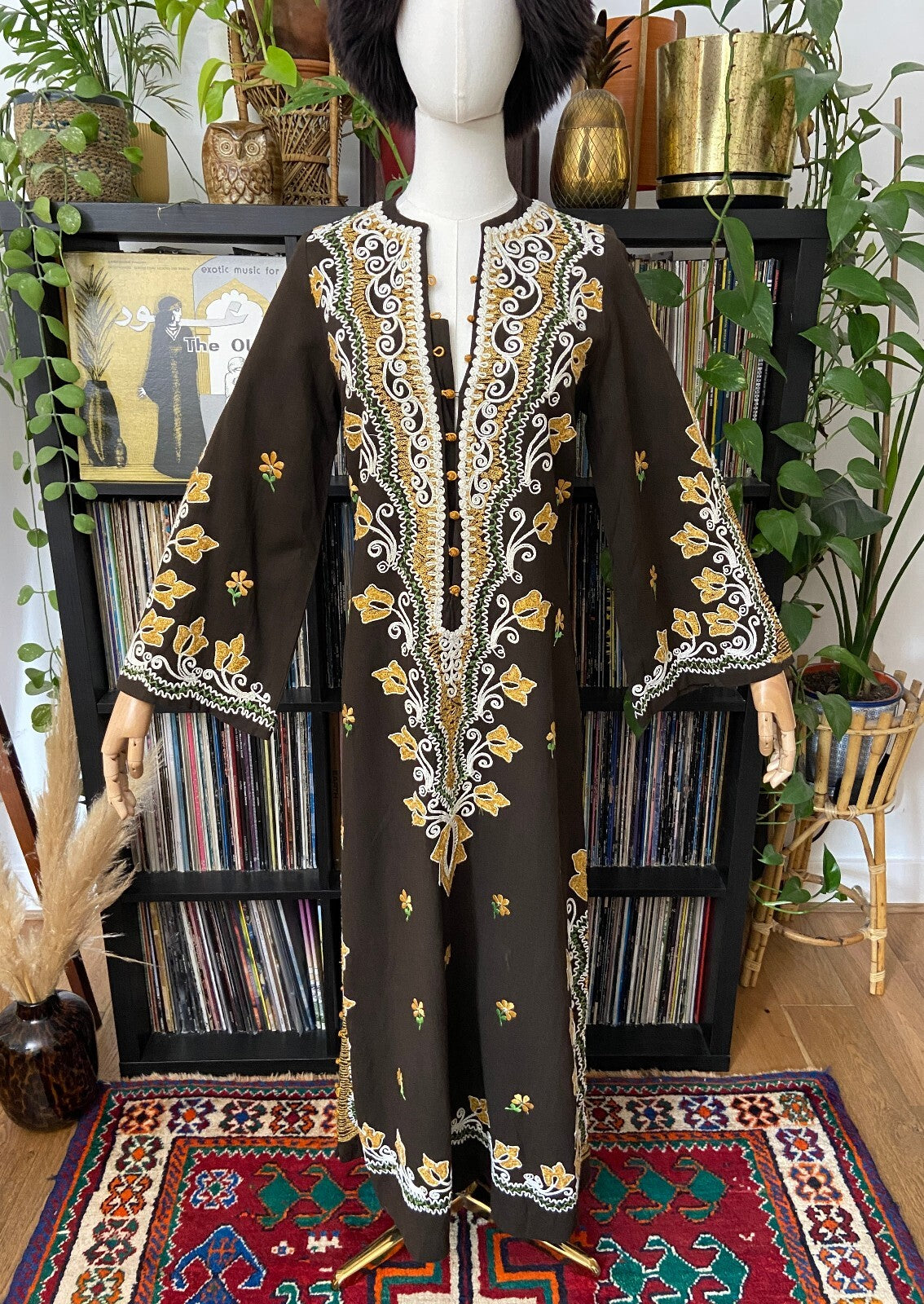 Vintage 1970s Brown Embroidered Kaftan Dress