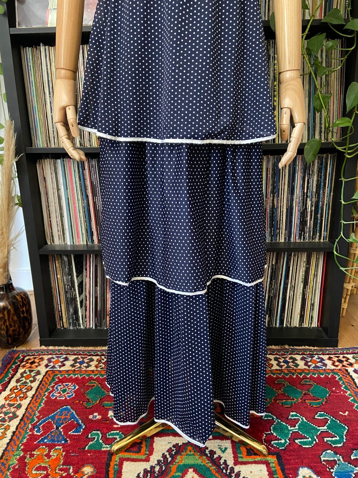 Vintage 1970s Navy Polka Dot Layered Dress