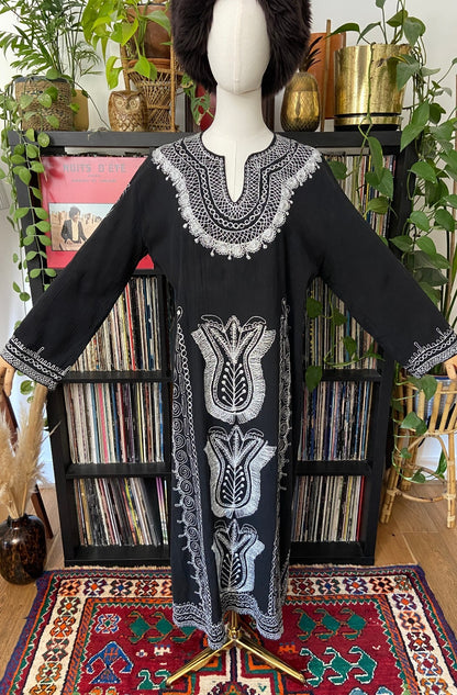 Vintage 1970s Black & Silver Embroidered Kaftan