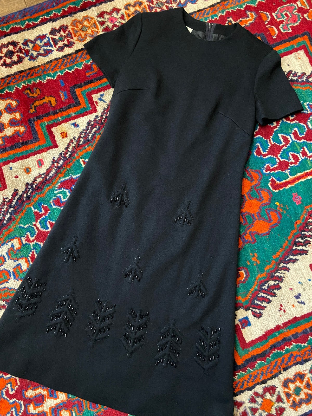 Vintage 1960s Black Beaded Wool Shift Dress