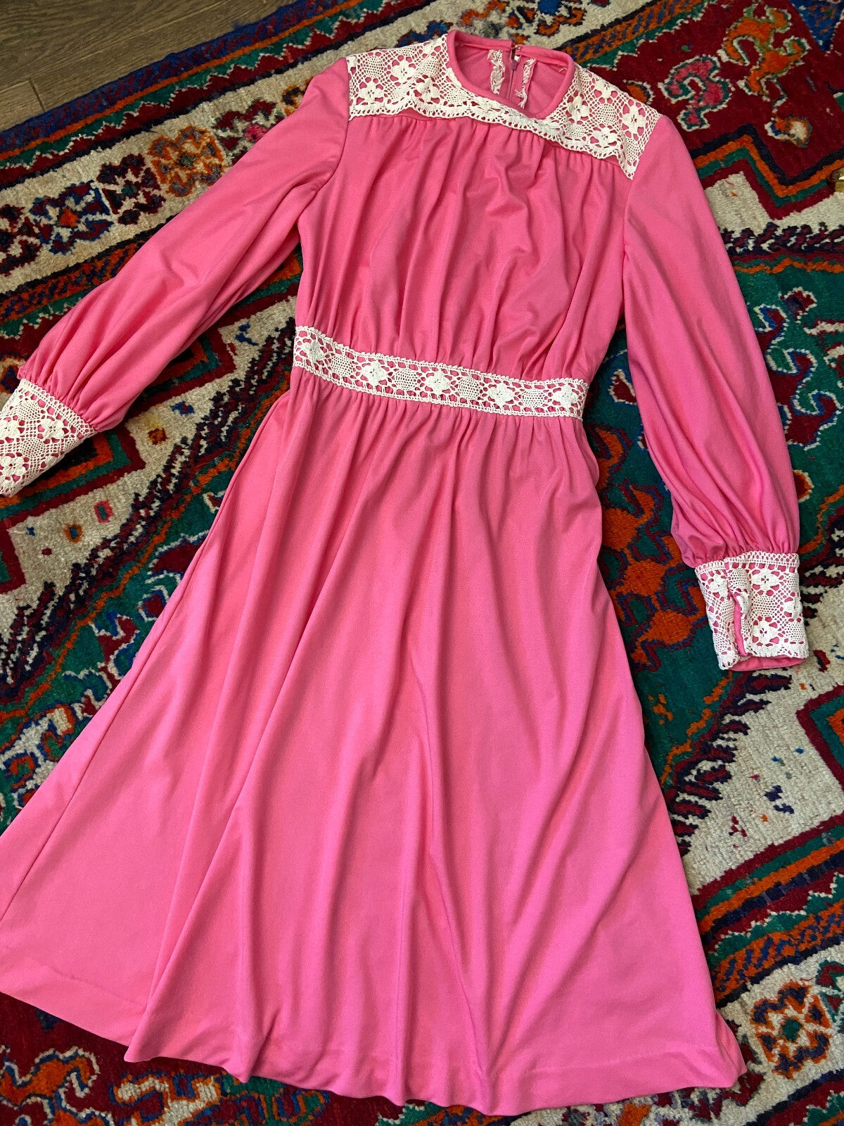 Vintage 1970s Bright Pink & Cream Crochet Trim Dress