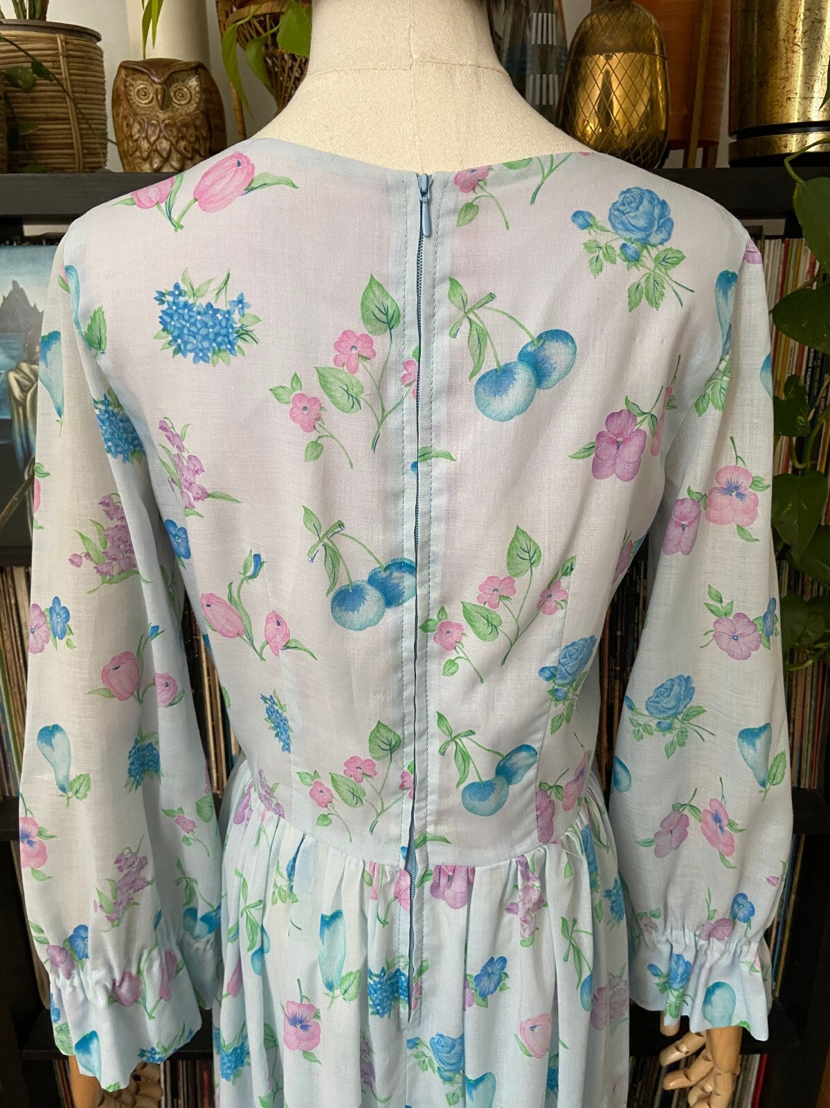 Vintage 1970s Pale Blue Romantic Floral Maxi Dress