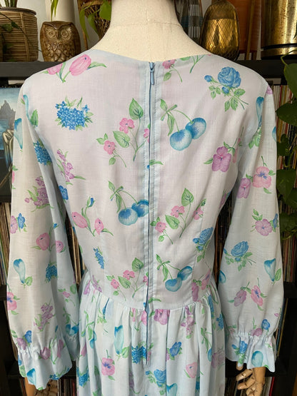 Vintage 1970s Pale Blue Romantic Floral Maxi Dress