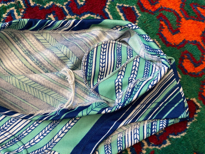 Vintage 1970s Pale Green & Navy Print Swim Shorts