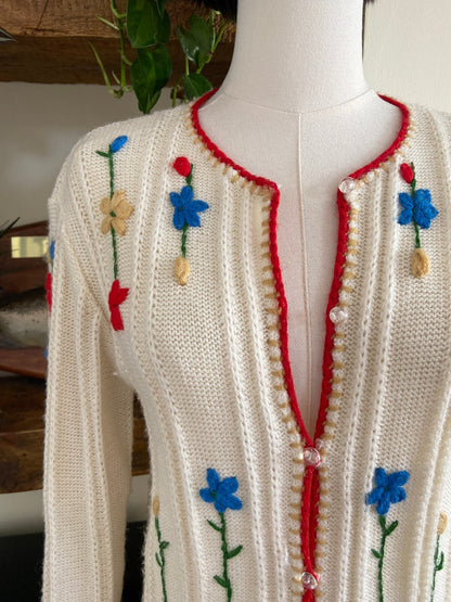 Vintage 1980s Cream Embroidered Folk Cardigan