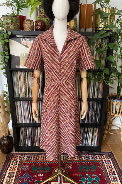 Vintage 1970s Chevron Knit Zip Up Dress