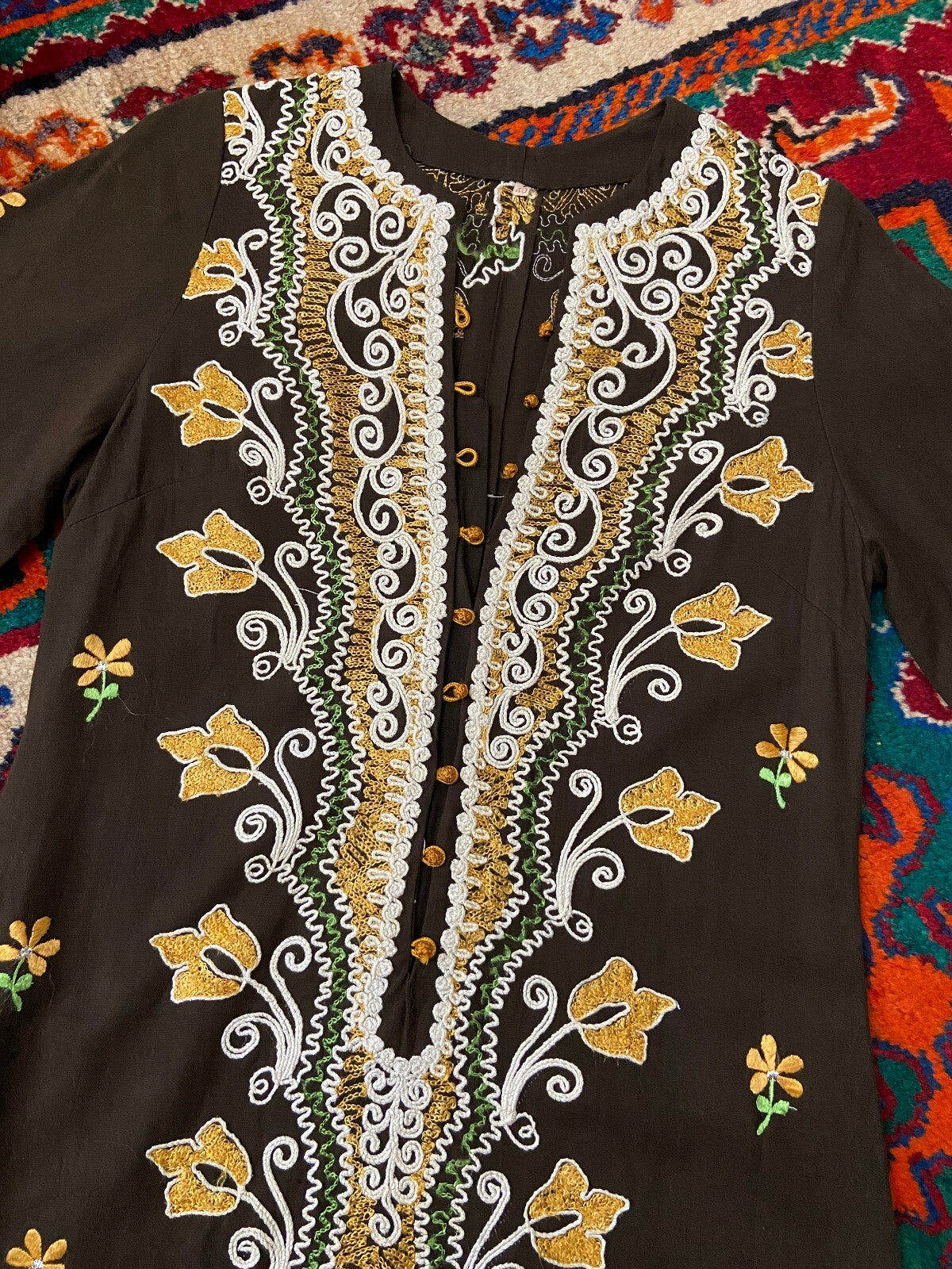 Vintage 1970s Brown Embroidered Kaftan Dress