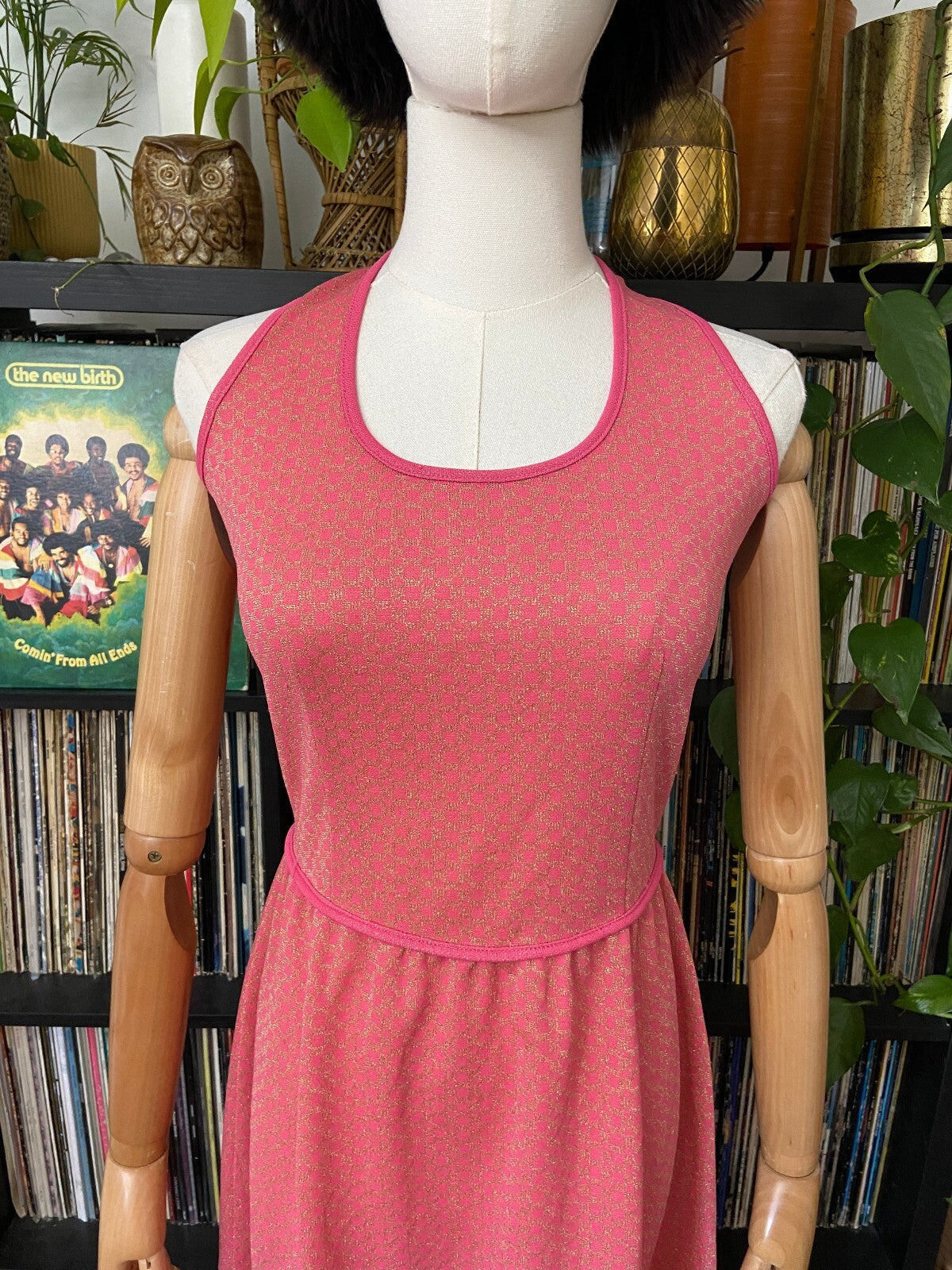 Vintage 1970s Pink & Gold Maxi Halterneck Dress