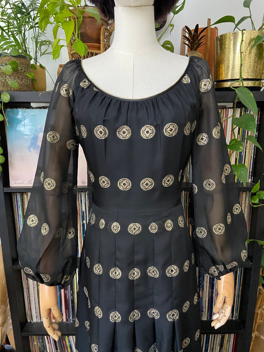 Vintage 1970s Black & Gold Pleated Maxi Dress