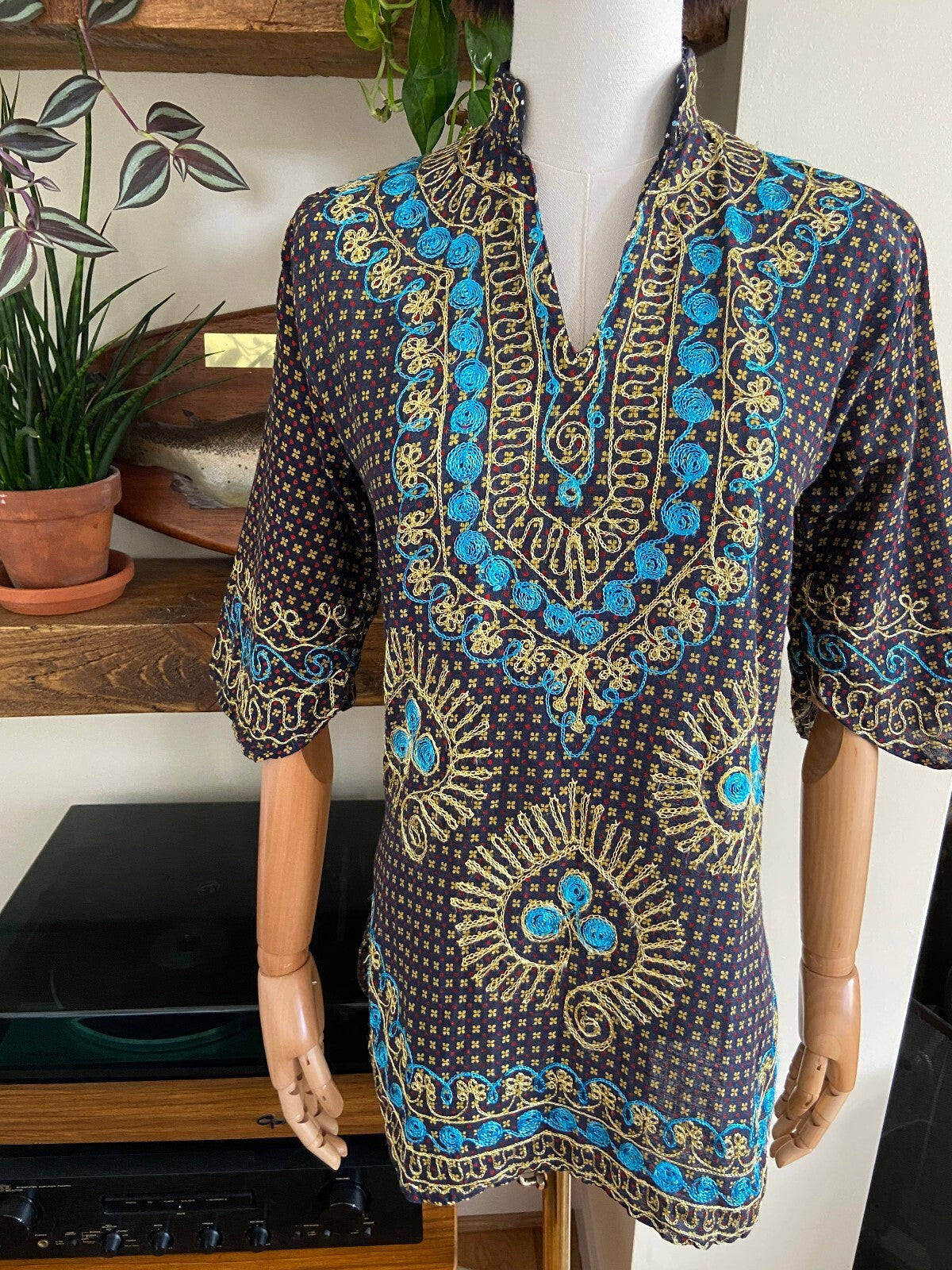 Vintage 1970s Navy Embroidered Tunic Top