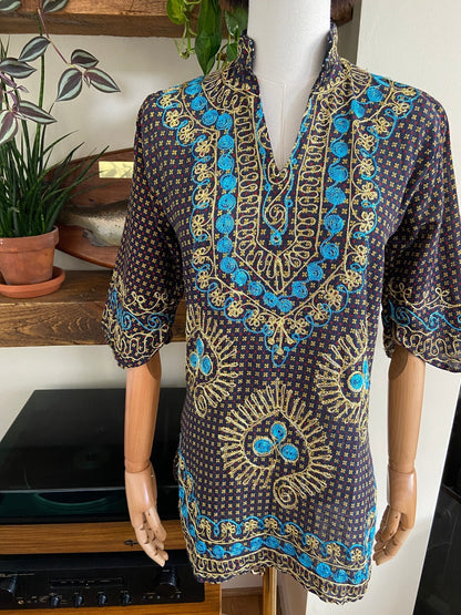 Vintage 1970s Navy Embroidered Tunic Top