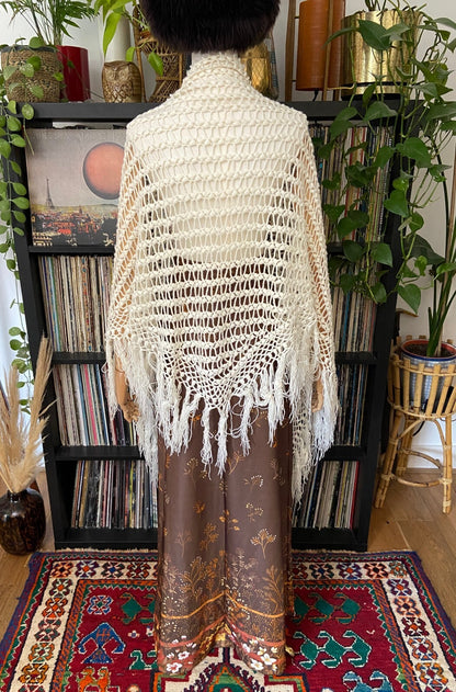 Vintage Cream Crochet Triangle Shawl