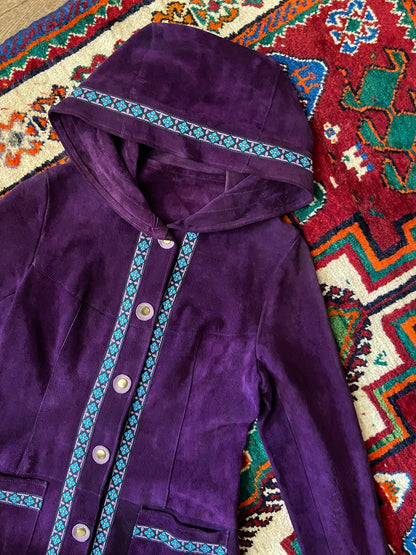 Vintage 1970s Purple Hooded Embroidered Trim Penny Lane Coat