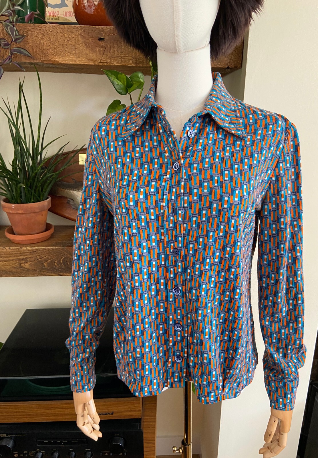 Vintage 1970s Blue & Orange Dagger Collar Shirt