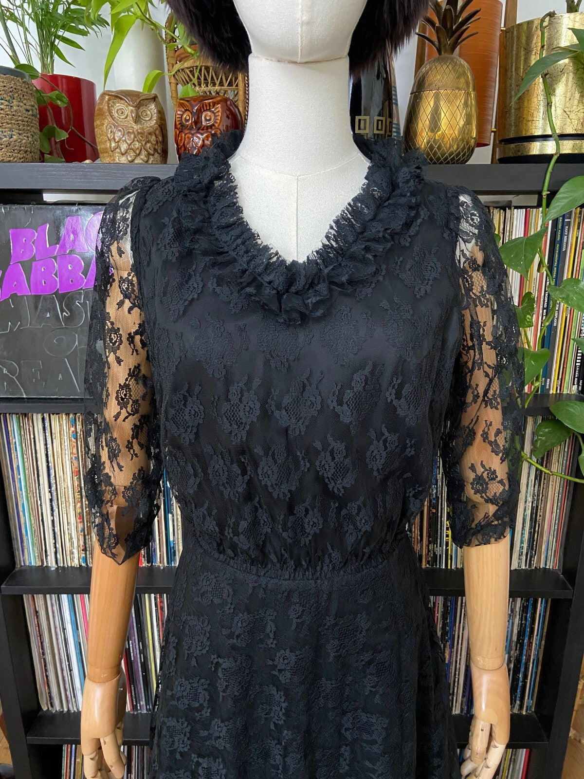 Vintage 1970s Black Lace Gothic Victorian Dress