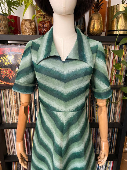 Vintage 1970s Green Chevron Knit Dress