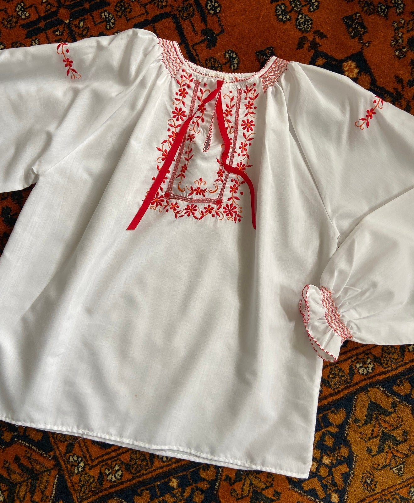Vintage 1970s White & Red Embroidered Folk Blouse