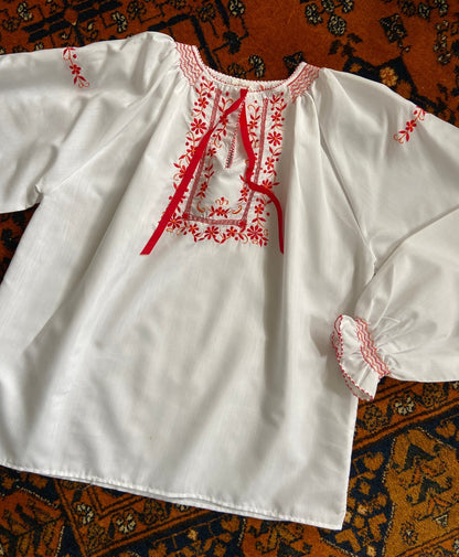 Vintage 1970s White & Red Embroidered Folk Blouse