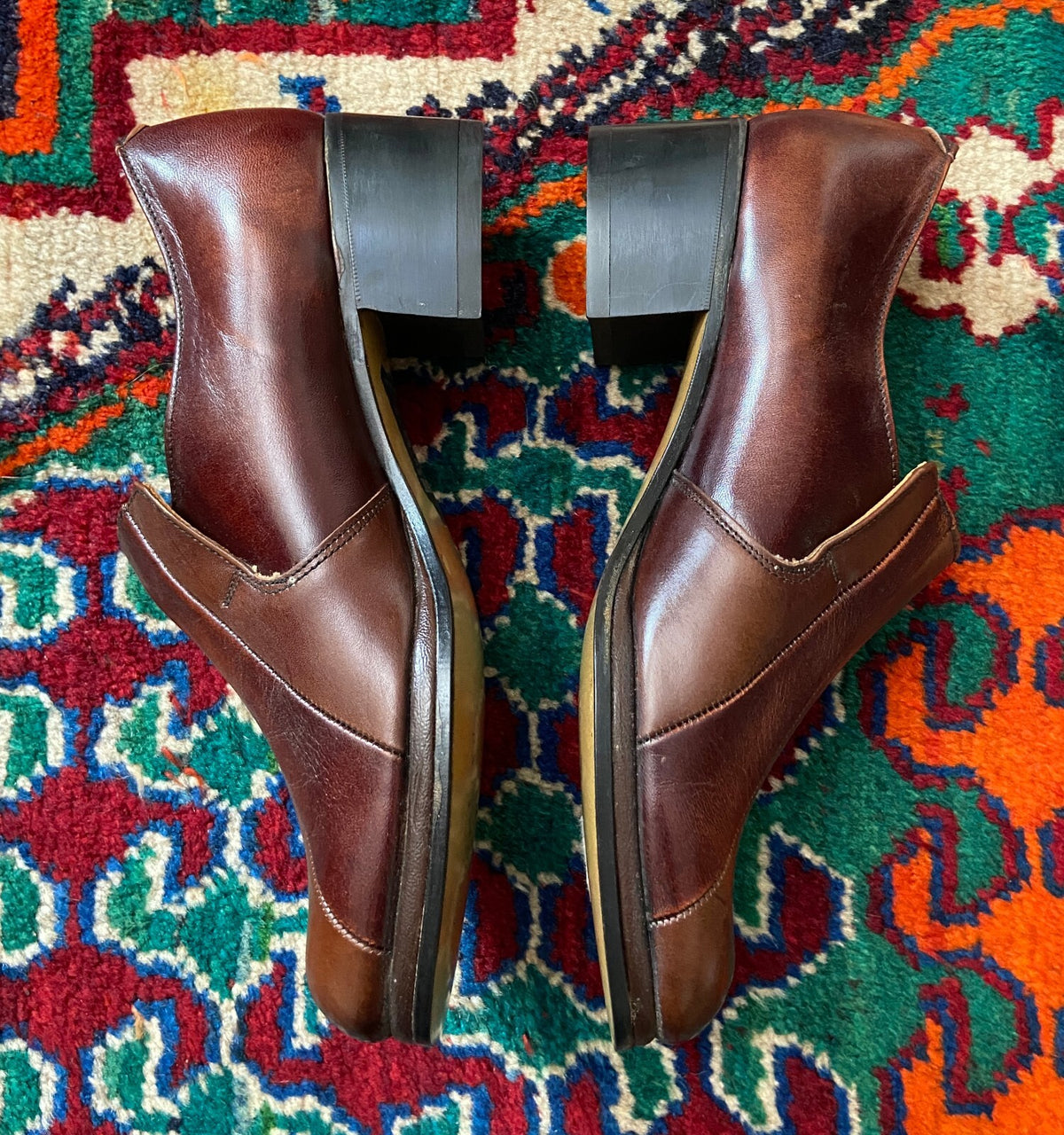 Vintage 1970s Deadstock Brown Block Heel Shoes UK 6.5