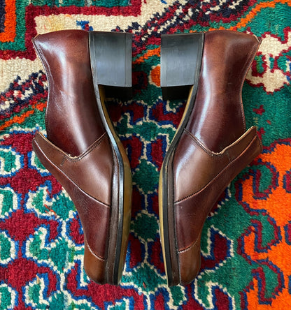Vintage 1970s Deadstock Brown Block Heel Shoes UK 6.5
