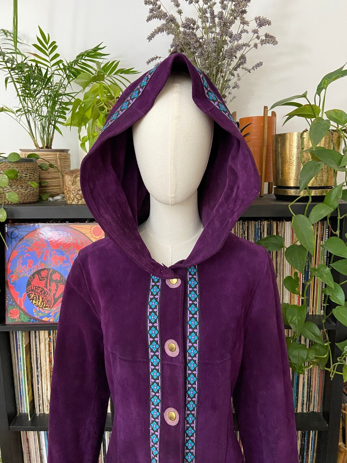 Vintage 1970s Purple Hooded Embroidered Trim Penny Lane Coat