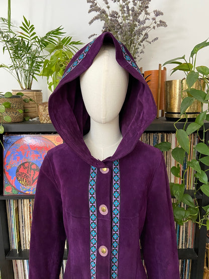 Vintage 1970s Purple Hooded Embroidered Trim Penny Lane Coat
