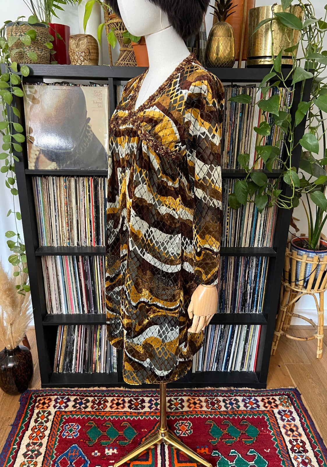 Vintage 1970s Brown & Mustard Velvet Sequin Trim Dress