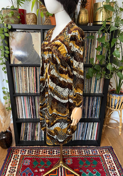 Vintage 1970s Brown & Mustard Velvet Sequin Trim Dress