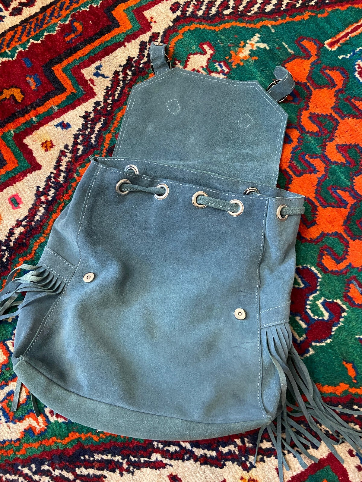 Sabrina Tach Dusty Blue Suede Fringed Backpack
