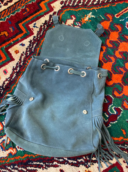 Sabrina Tach Dusty Blue Suede Fringed Backpack