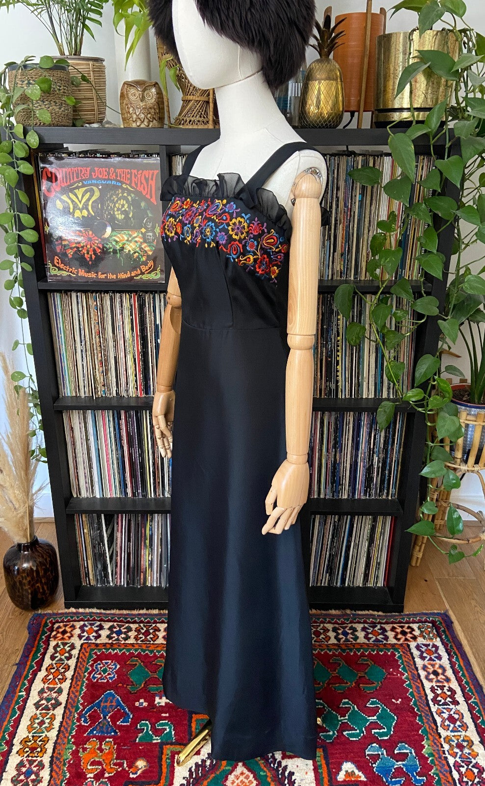 Vintage 1970s Black Embroidered Maxi Dress