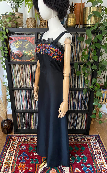 Vintage 1970s Black Embroidered Maxi Dress