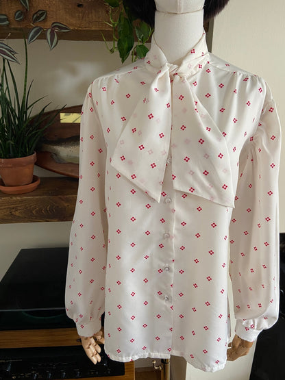 Vintage 1970s Cream & Red Pussybow Blouse