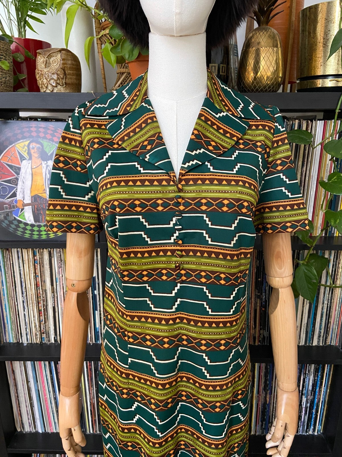 Vintage 1970s Green Geometric Print Shirt Dress