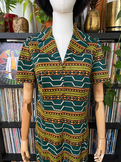 Vintage 1970s Green Geometric Print Shirt Dress