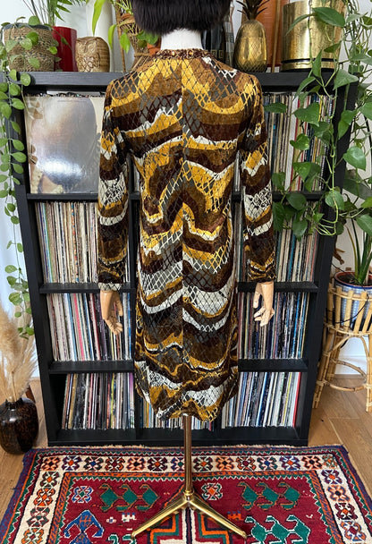 Vintage 1970s Brown & Mustard Velvet Sequin Trim Dress