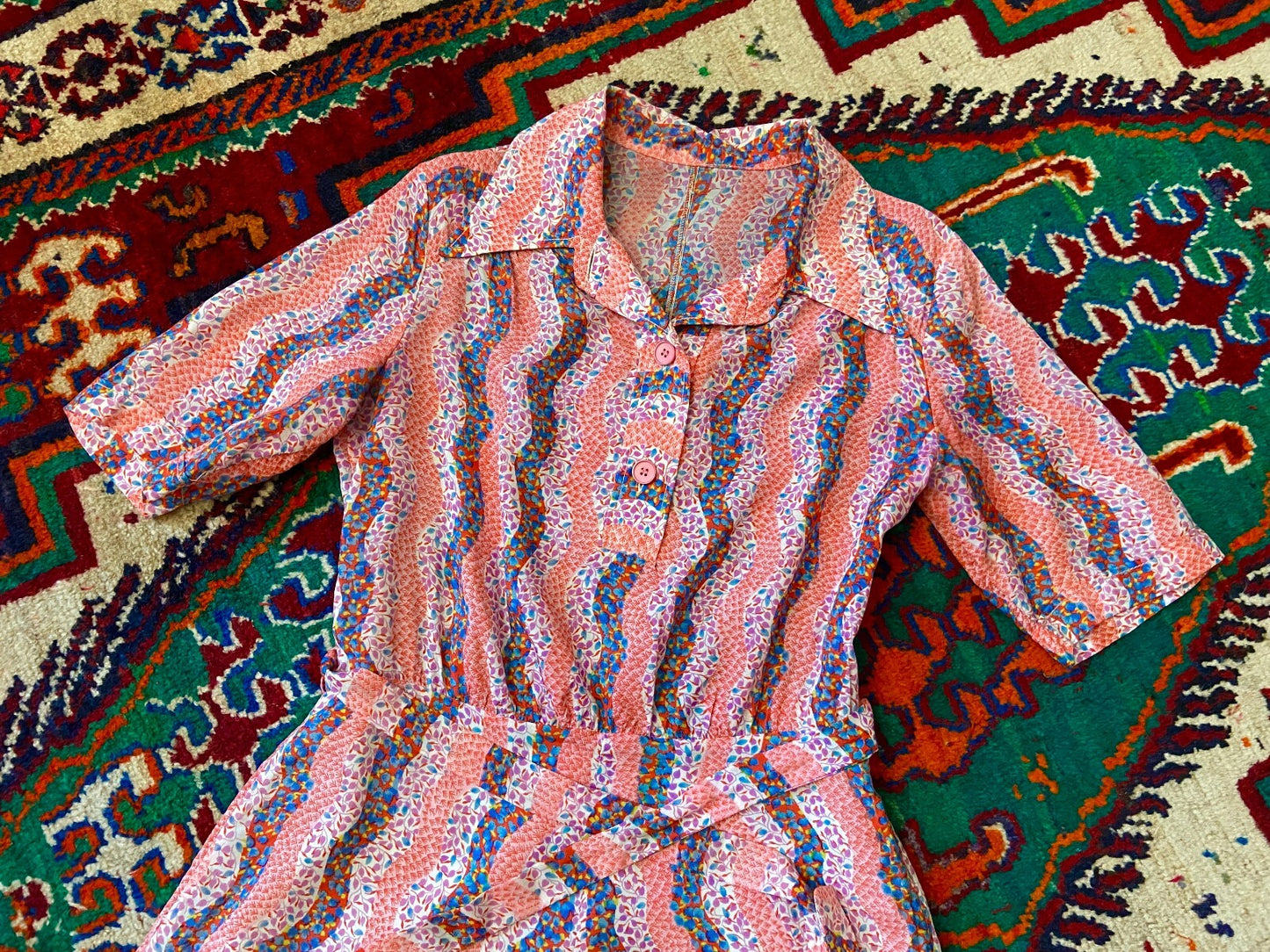Vintage 1970s Pink Dagger Collar Shirt Dress