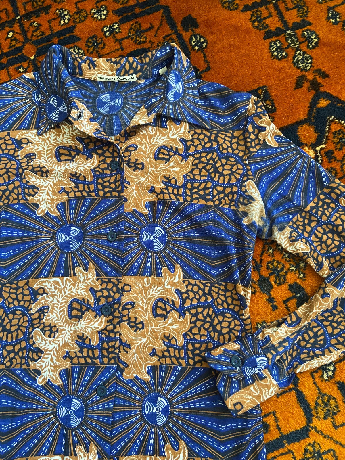 Vintage 1970s Blue & Brown Dagger Collar Shirt