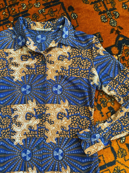 Vintage 1970s Blue & Brown Dagger Collar Shirt