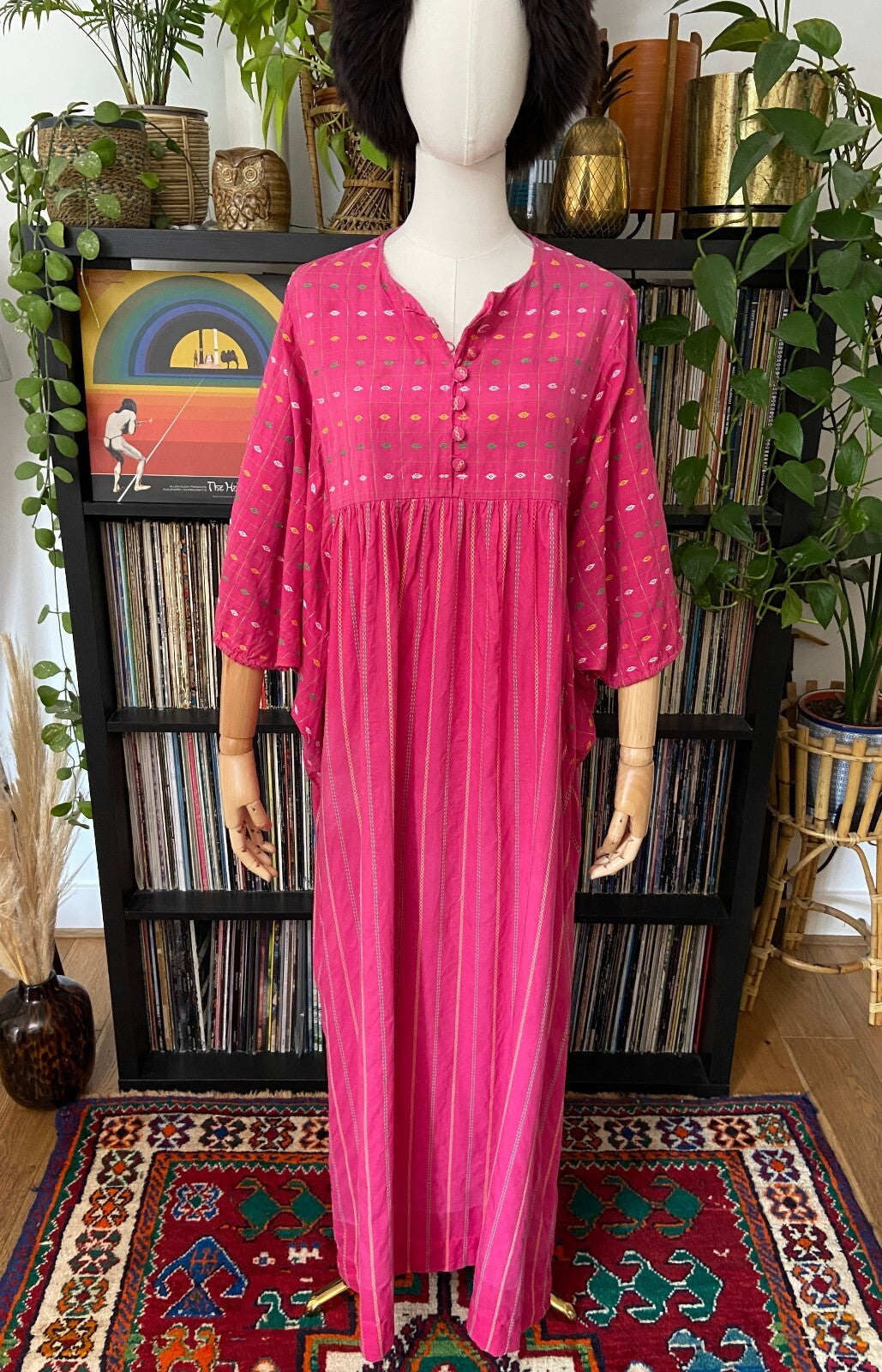 Vintage 1970s Raksha Indian Cotton Pink Maxi Dress