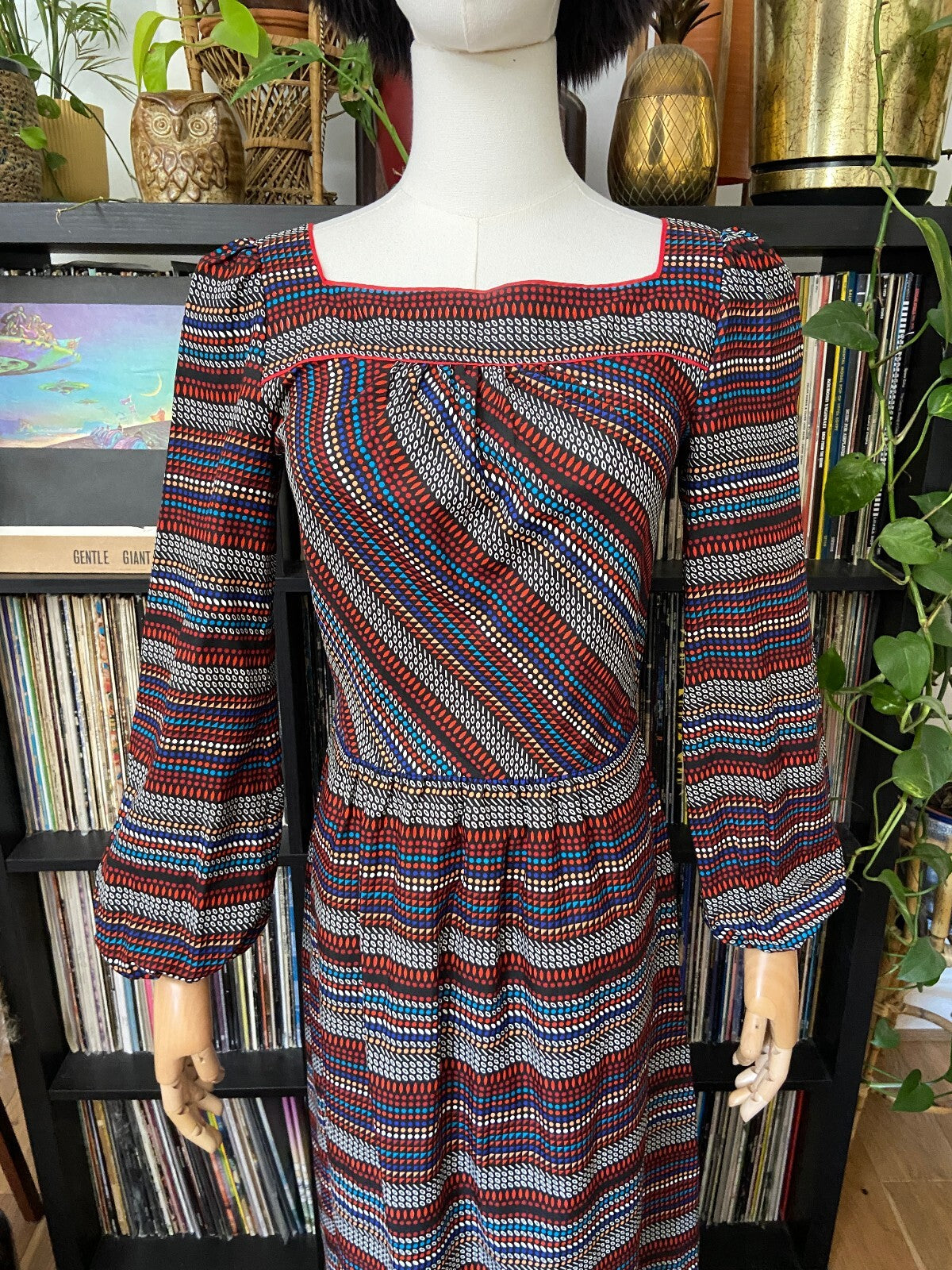 Vintage 1970s Black Printed Maxi Dress