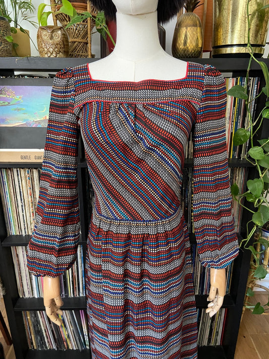 Vintage 1970s Black Printed Maxi Dress